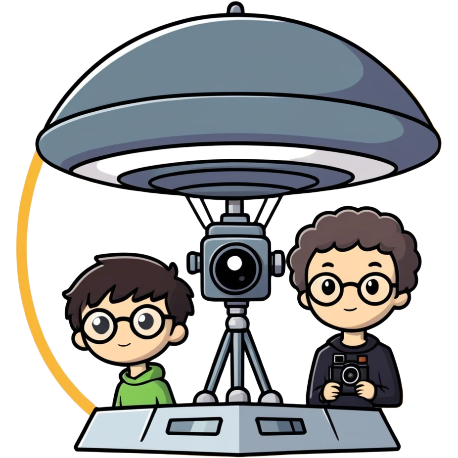 A little boy with straight black medium-length hair, white skin, and black eyes wearing black-framed glasses is taking photos on a UFO with a camera. Beside him, there is an alien and a brown round-headed poodle. emoji
