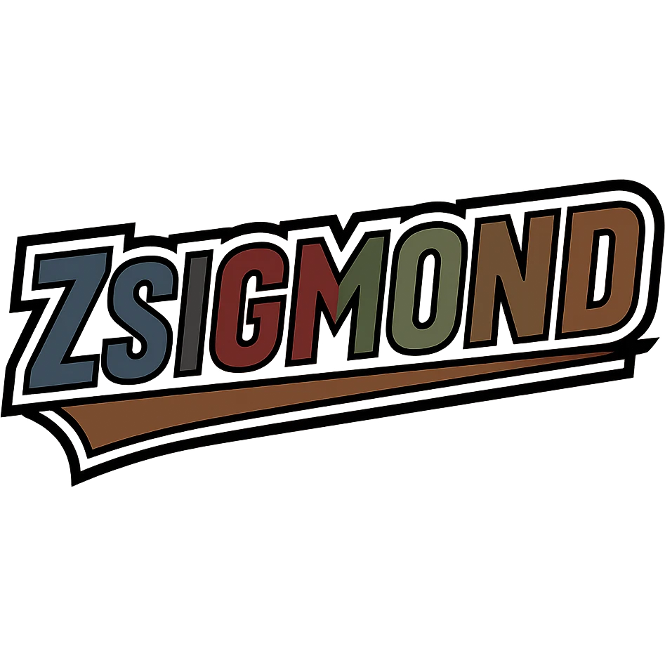 Zsigmond name in masculine, modern, gradient font with precise Hungarian characters, dark contour, extra wide and prominent white letter frame as in sample images, dynamic slanted underline, masculine color shades (blue, gray, burgundy, green, brown), 1000x1000 px, PNG, transparent background emoji