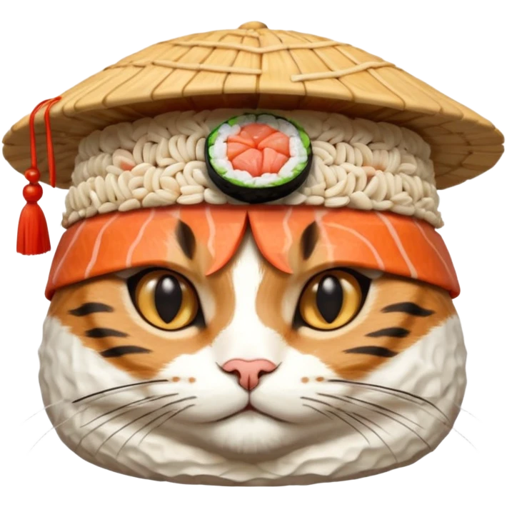cat wearing a hat made out of sushi, highly detailed sushi hat emoji