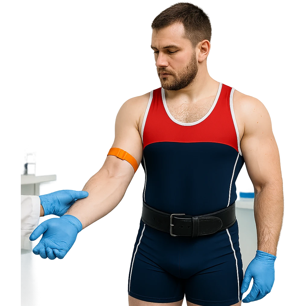 European powerlifter in federal competition, showing arm for blood sampling during anti-doping control, wearing competition clothing, laboratory atmosphere, isolated on white background emoji