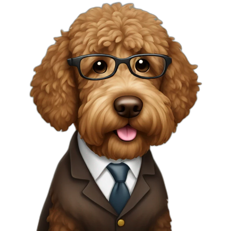A chocolate colored golden doodle wearing a suit and glasses on the stand in court emoji