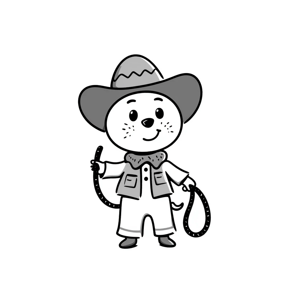 A hand-drawn plush baby cowboy toy with a lasso and cute freckles emoji