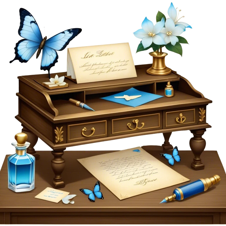 A poetic still life of an antique wooden desk adorned with an ink-stained love letter, a golden-tipped quill resting beside it. A translucent blue butterfly flutters near an elegant perfume bottle, surrounded by ivory gardenias and scattered pearls. emoji