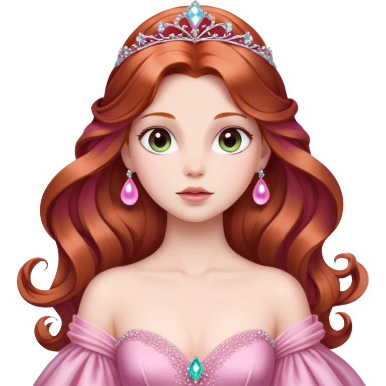 Cinematic Majestic Sleeping Beauty Portrait Emoji, rendered in a clean, vector-style with bold, simplified shapes. Show Aurora with a serene, noble expression, luminous porcelain skin, and elegantly flowing auburn hair, dressed in an opulent pink ball gown. The design radiates a majestic, enchanted glow with high shine and a soft glowing outline, embodying classic royal elegance. emoji