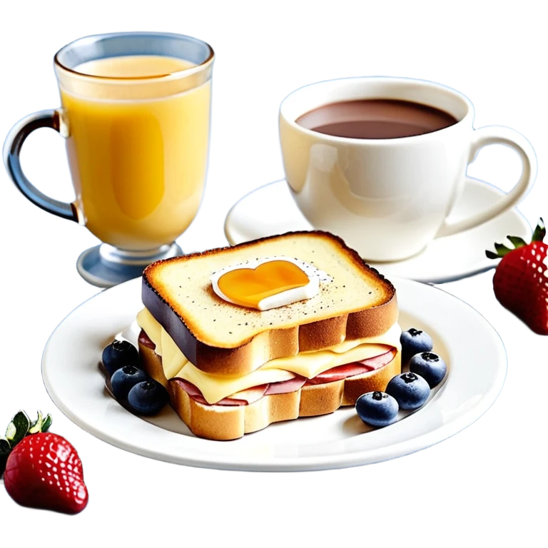 Un joli plateau sur lequel repose un délicieux petit déjeuner composé d’un croque-monsieur croustillant, d’un bol de yaourt aux fruits, d’une tasse de chocolat chaud garnie de guimauves et d’un joli vase contenant deux fleurs d’hibiscus emoji