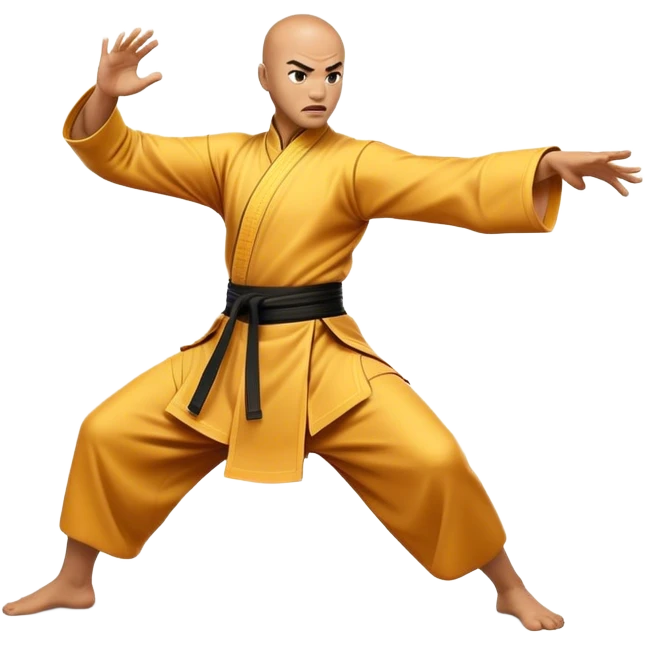 Cinematic Realistic Kung Fu Action Emoji, depicted as an epic martial arts scene with a master executing a precise move in traditional attire, rendered with fluid motion and vibrant textures under dramatic high-contrast lighting. emoji