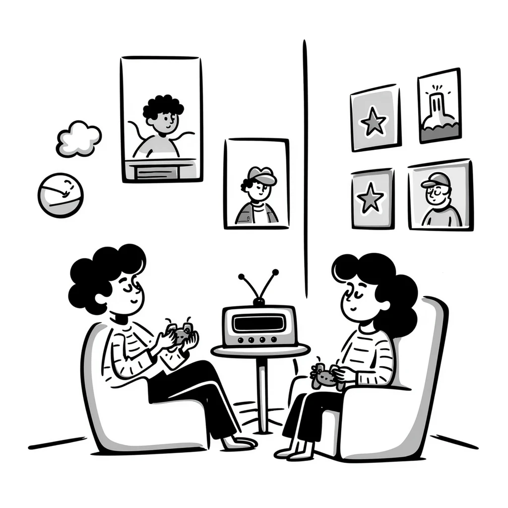 A retro gamer room with pixel posters and a console hooked to a tube TV emoji