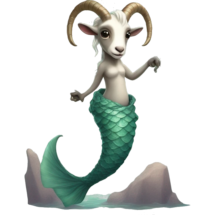 Goat attached to a long wrapped up mermaid fish tail, creature mythology, watery earthy tones emoji