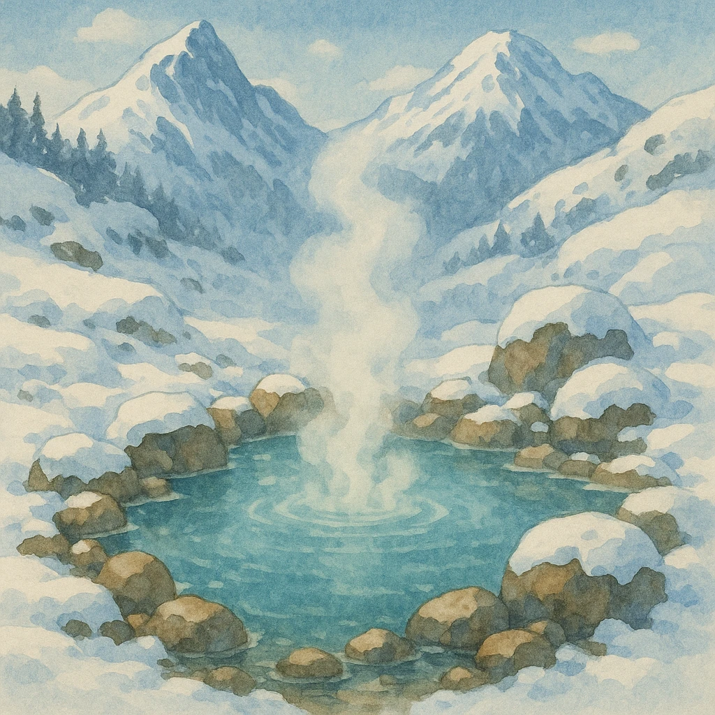 a snowy mountain hot spring, serene landscape, visible steam rising from warm water, surrounded by snow and rocks, beautiful illustrative style emoji