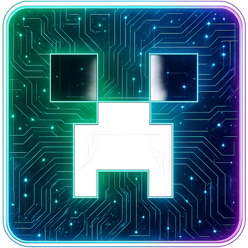 Transform the Minecraft launcher logo/creeper face into a cyberpunk, holographic style with glowing neon green, blue, and pink edges. Add intricate circuit patterns throughout the entire icon with a consistent cyberpunk glow. Maintain the recognizable creeper face and green color, overlaying neon and circuit effects in a futuristic, clean style. The whole icon should have a transparent background and detailed cyberpunk aesthetics. emoji