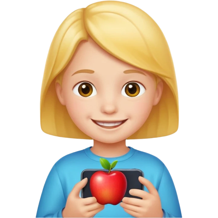 little kid smiling and looking at a phone, apple style emoji emoji