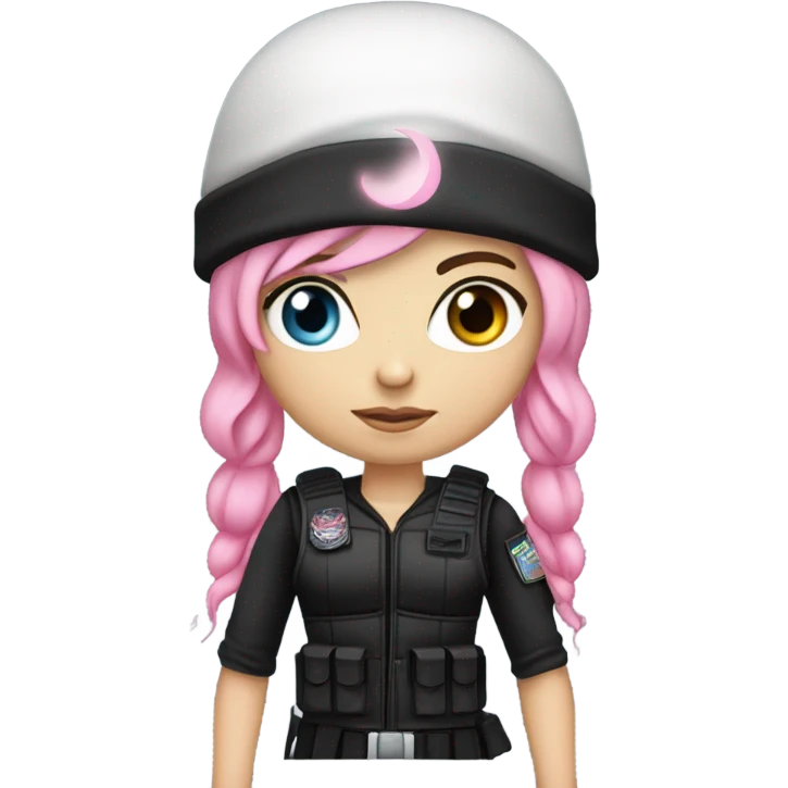 white girl, tactical vest, dark pants, pink hair, blue eyes, black beanie hat with crescent moon on front, black combat boots, bow and arrow emoji