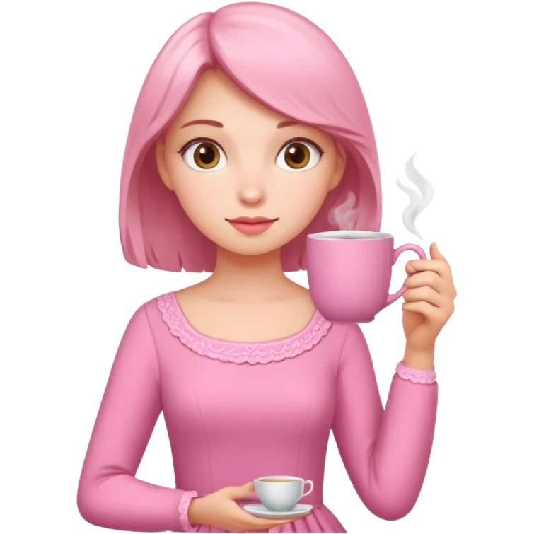 دختری با لباس صورتی و چایی بخوره با ماگ صورتی emoji