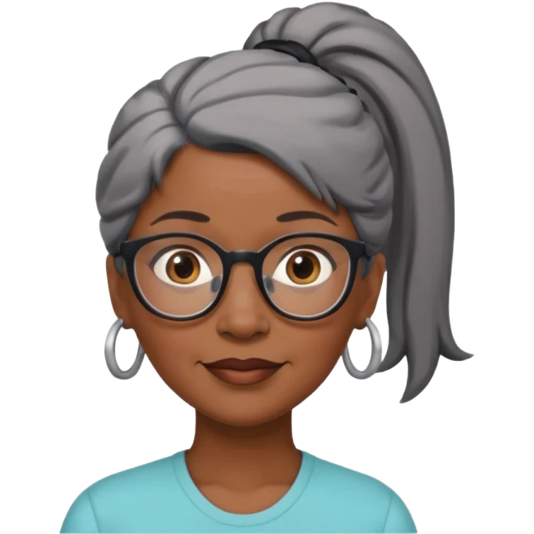 emoji of a black older women with black and gray hair in a ponytail with glasses and brown eyebrows emoji