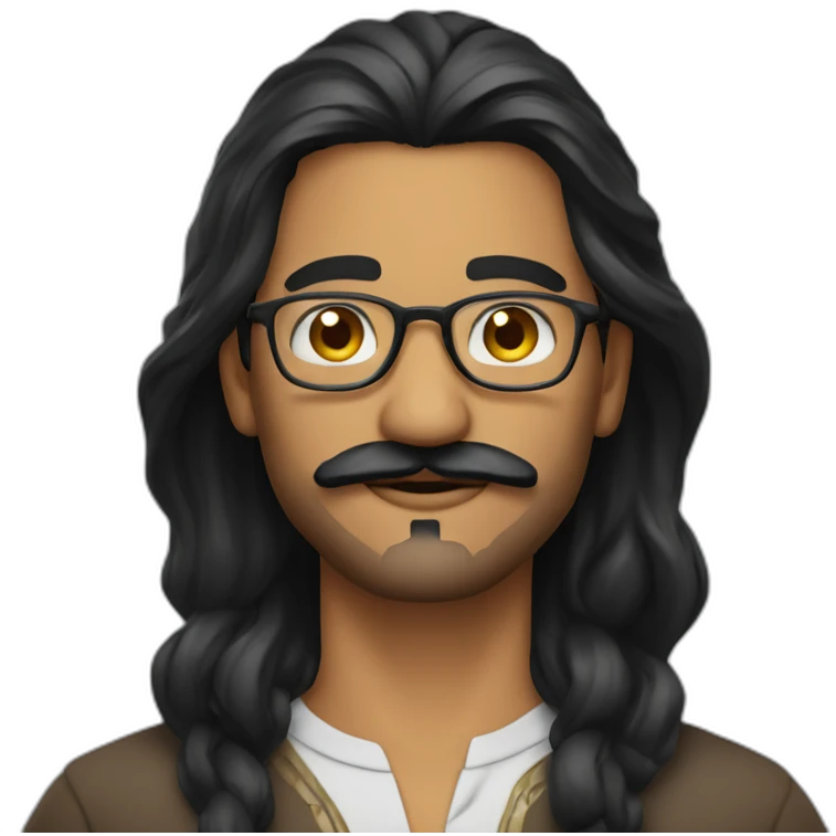 Indian man, with moustache and a goatee, with long wavy black hair, wearing glasses emoji
