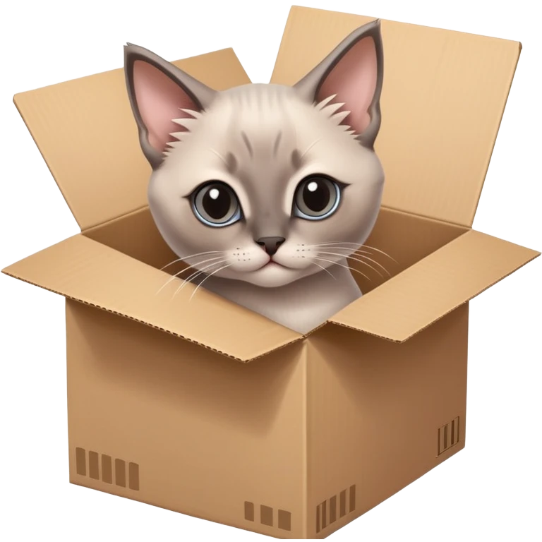 A very cute gery young kitten Siamese Cat cat with one's head tilted to one side poked its paws out of the cardboard big box and placed them on top of it emoji