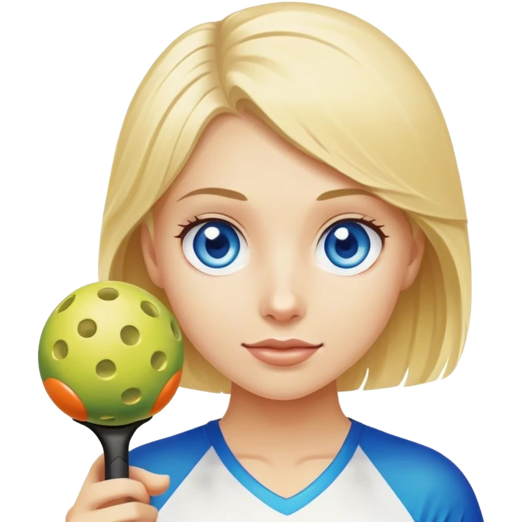Blond girl with blue eyes holding a pickleball emoji