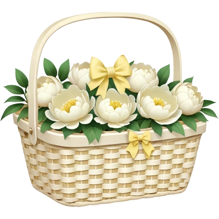 White Picnic basket with pastel yellow bow and white peonies inside emoji