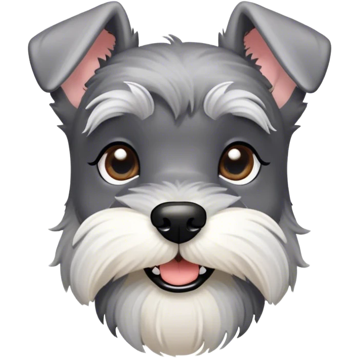 Cinematic Cute Miniature Schnauzer Portrait Emoji, Head cheerfully cocked with expressive, twinkling eyes and a neatly trimmed, adorable salt-and-pepper fur, simplified yet endearingly detailed, glowing with a bright, friendly radiance, high shine, exuding smart and spunky charm, styled with a delicate, whimsical outline, capturing the essence of a cute Miniature Schnauzer that appears ready to scamper off the screen with delightful energy! emoji