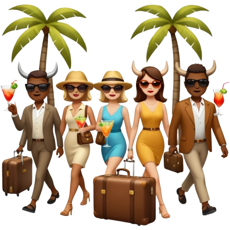 generate an emoji of a group of up to 8 male and female bulls travelling together on holidays. One bull has a suitcase, one has sunglasses, one is carrying a cocktail. They're all in motion, walking together emoji