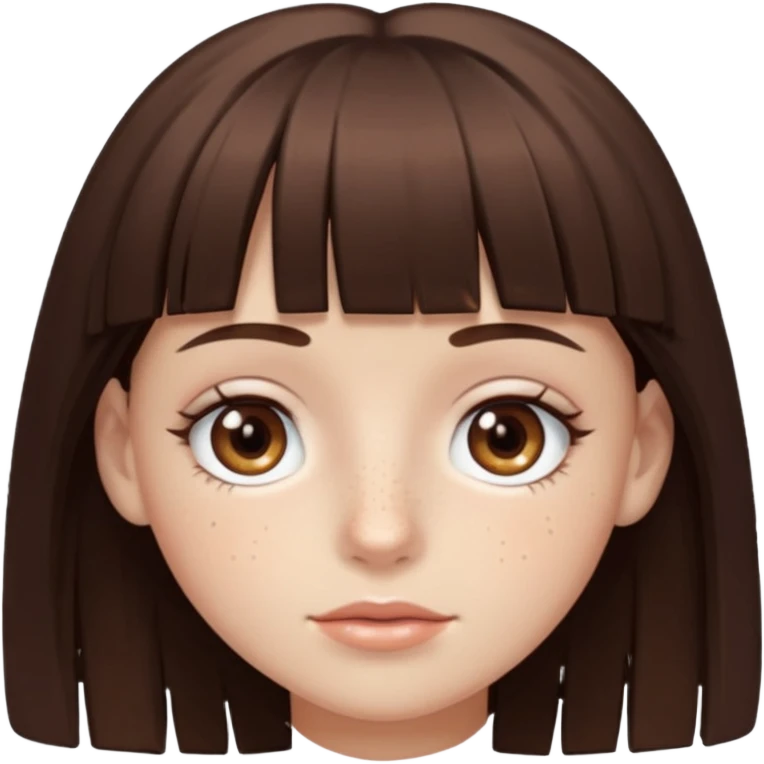 branca, olhos hazel, franjnha, pequenas sardas, cabelo castanho escuro, zoombir emoji