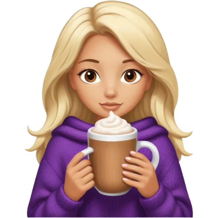 Tanned Girl with lashes , blonde hair, in an extremely big fluffy oversized and hold hot chocolate drink emoji