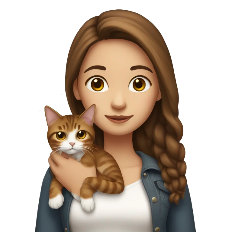Long brown-haired girl holding a long haired tabby cat emoji
