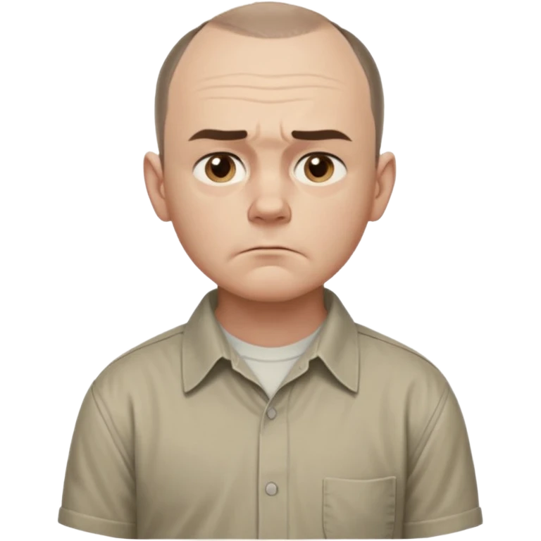Carl from Sling Blade, serious expression, recognizable features, chin sticking out, slouching posture, no glasses, shirt with collar,  side view,show his entire body, he is standing. three-quarter face angle. He sticks his head forward. change face style emoji