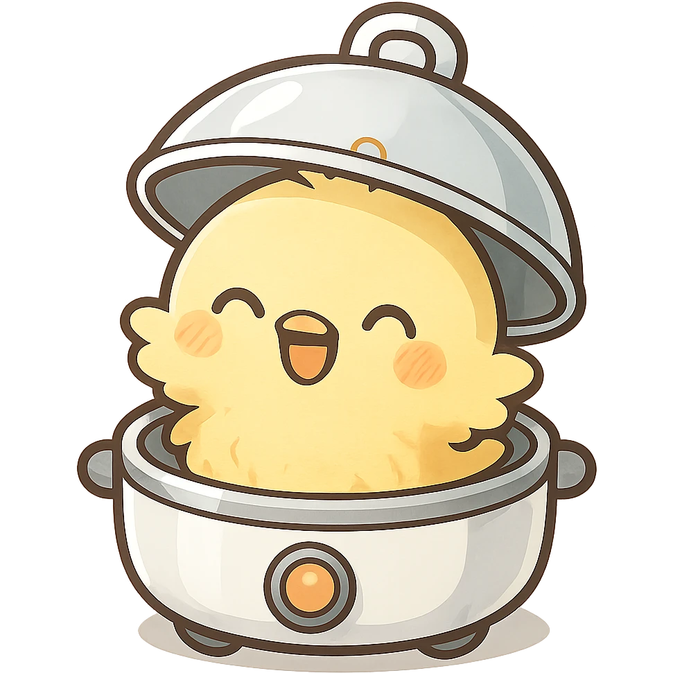 cute chibi soft fluffy chick in an egg cooker, popping out of the lid, smiling brightly, soft yellow, full-body emoji