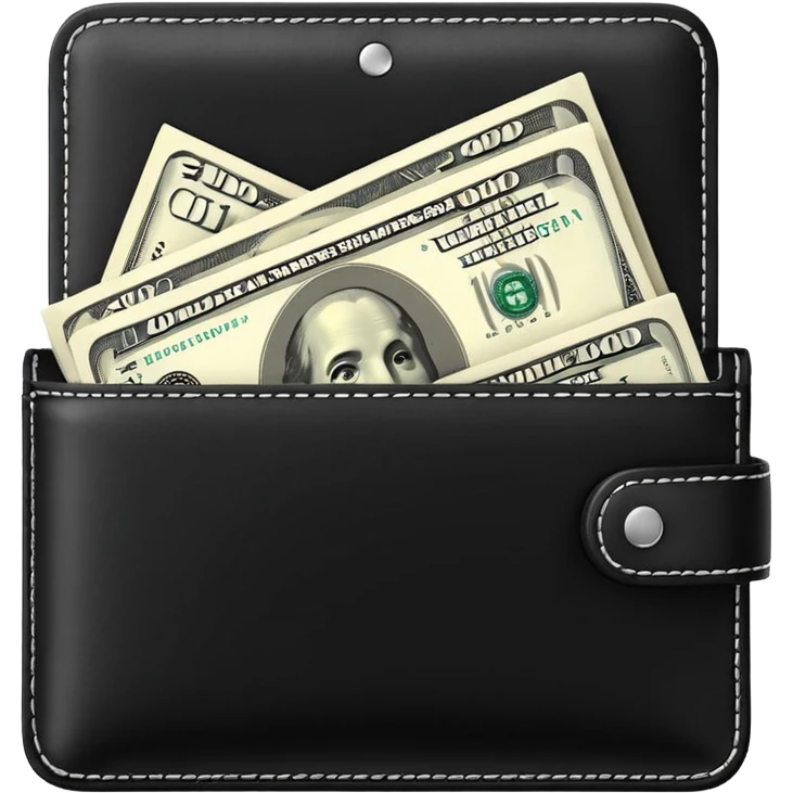 Rich emoji style black leather wallet with dollar bills, luxury money vibe, premium 3D emoji, ultra clean, high detail, no background
 emoji