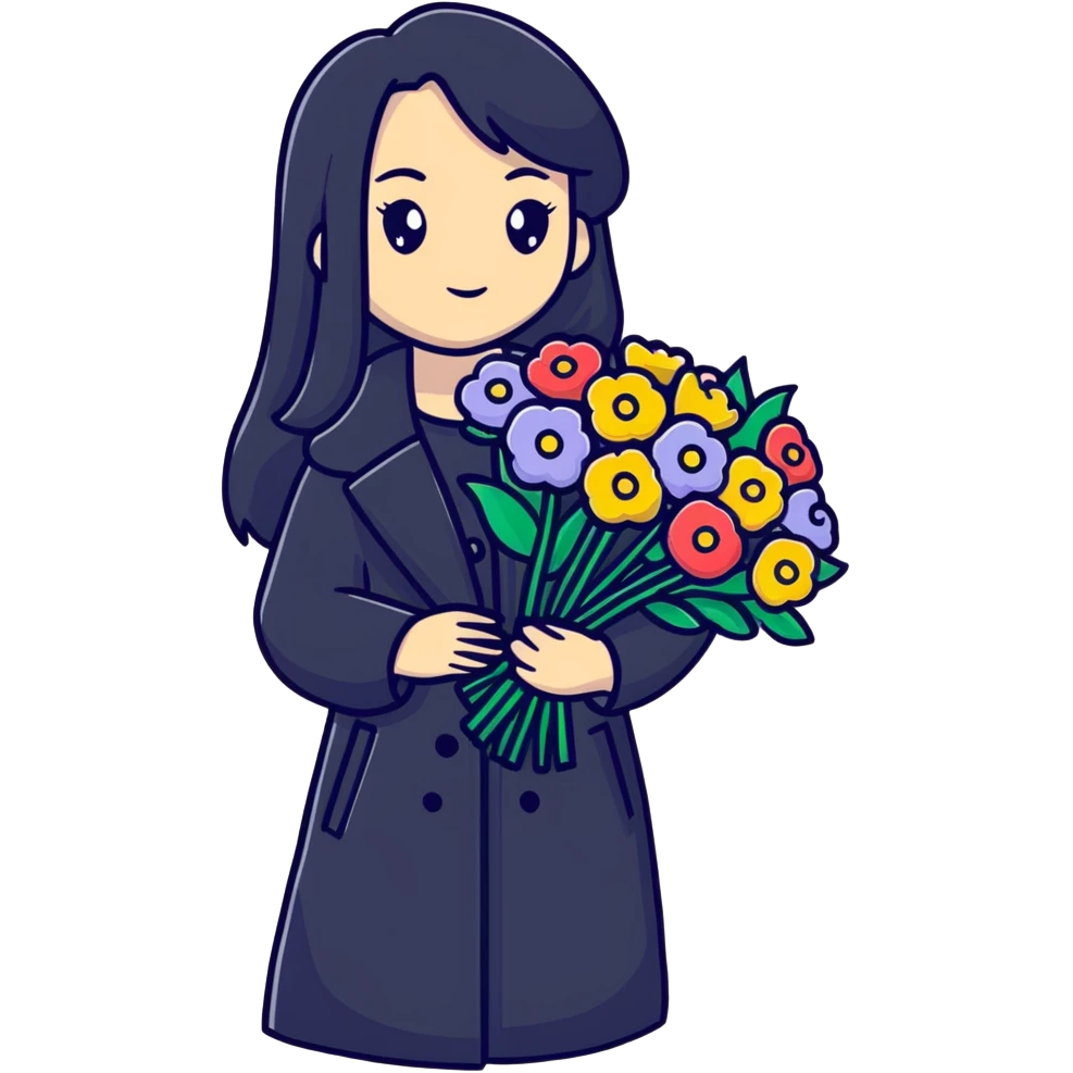 beautiful girl with long black hair wearing a black coat holding a bouquet of flowers emoji
