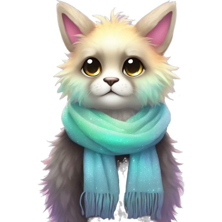 Edgy Kawaii cute gorgeous colorful sparkly bright light pastel gradient fantasy ethereal fluffy fursona animal creature with a cute scarf full body emoji