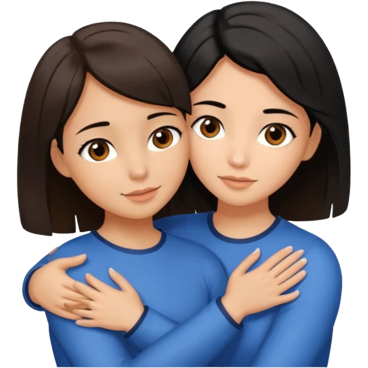 a brown-eyed brunette hugs a brown-eyed girl with a bob and black hair, and the strands are blue emoji