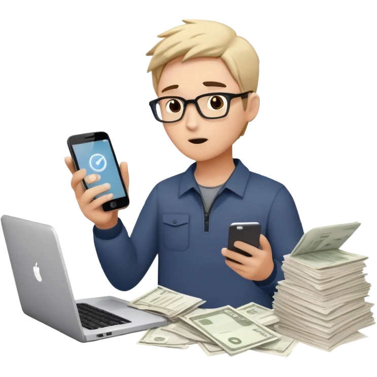person holding a phone in one hand, laptop open in front, storm of receipts, invoices, and reminders swirling around, multitasking chaos emoji