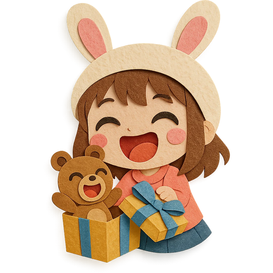 laughing chibi girl in bunny hat opening glittery gift box with laughing teddy bear inside, paper-craft style emoji