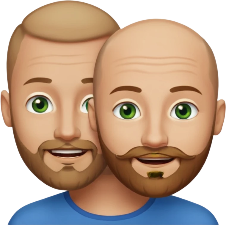 Shaved head man with dark blonde beard and blue eyes with mouth closed smile with brown haired woman with green eyes emoji