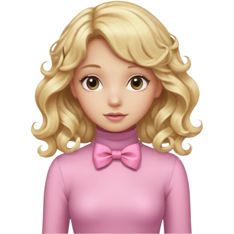 دختری با موی بلوند و خیلی بلند و فرفری و پاپیون صورتی روی سرش و یه لباس  یقه اسکی صورتی کم رنگ که شاینی هست emoji