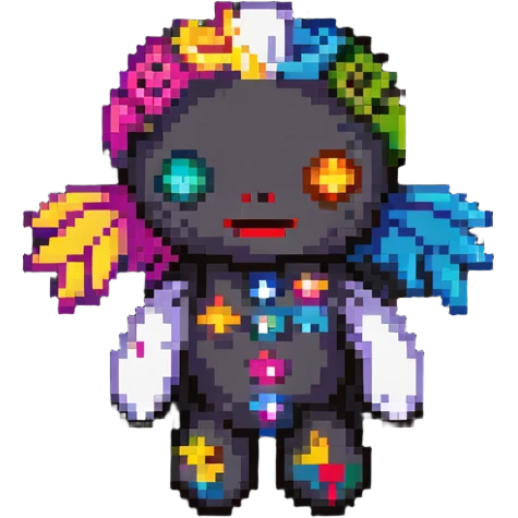 A colorful pixelated voodoo doll with bright fabric patches in different colors, button eyes, and colorful pins emoji