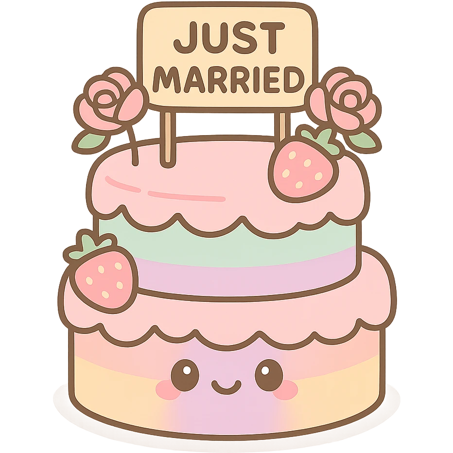 rainbow wedding cake with strawberries, pink roses, 'Just Married' topper, kawaii style emoji