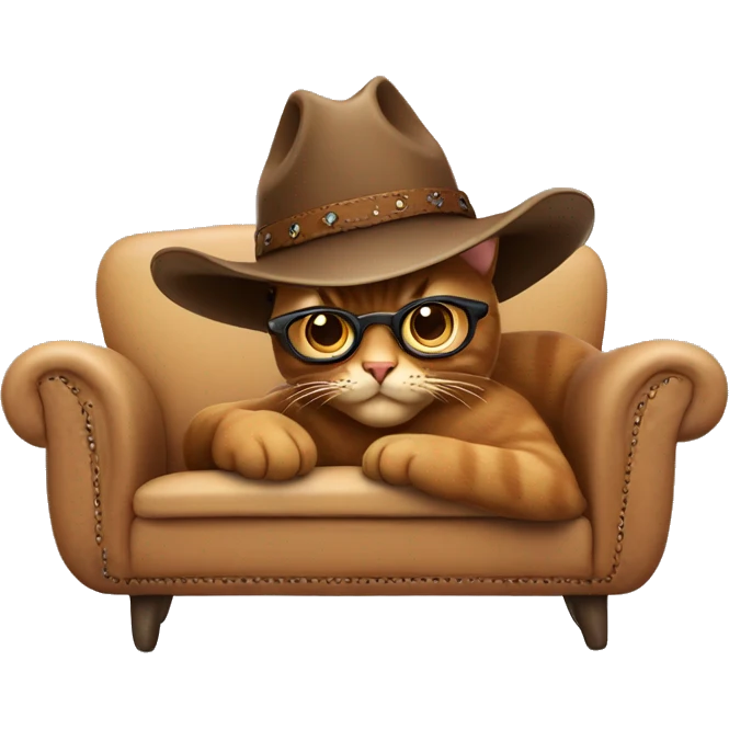 A brown cat with glasses and a cowboy hat chilling on a sofa emoji