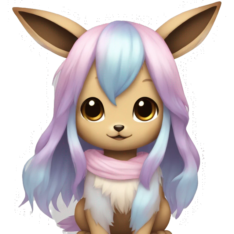 Kawaii Shiny Pastel Eevee with dark brown long emo hair covering her eyes Full Body emoji