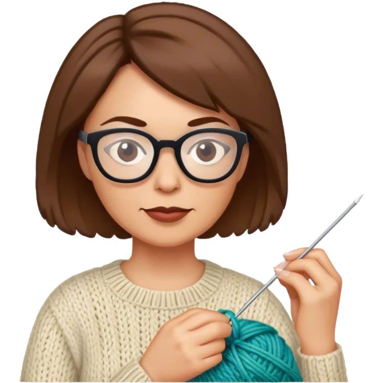 Mid aged woman with glasses and short brown hair knitting emoji
