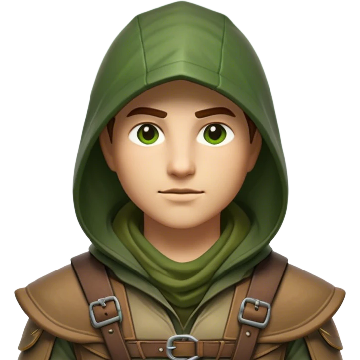 Clash of Clans aesthetic friendly Ranger Portrait Emoji, With a lean, agile build clad in earth-toned leather and green accents, a keen, focused gaze and a weathered hood shadowing determined eyes, his face rendered in a natural skin tone (not yellow), Simplified yet sharply defined features, highly detailed, glowing with a soft, natural woodland radiance, high shine, intelligent and resolute, stylized with an air of forest guardian authority, focused and alert, soft glowing outline, capturing the essence of a confident ranger ready to defend the wild with stealth and valor! emoji