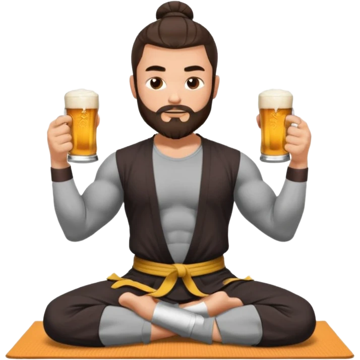 slavic muscled guy with dark brown hair and beard, sitting in yoga pose on a mat, kung fu clothes, long and volume dark hair, holding beer mugs in two hands, sitting emoji