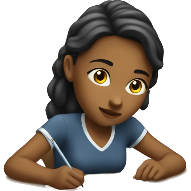 the girl is sitting at the table and writing in a notebook emoji
