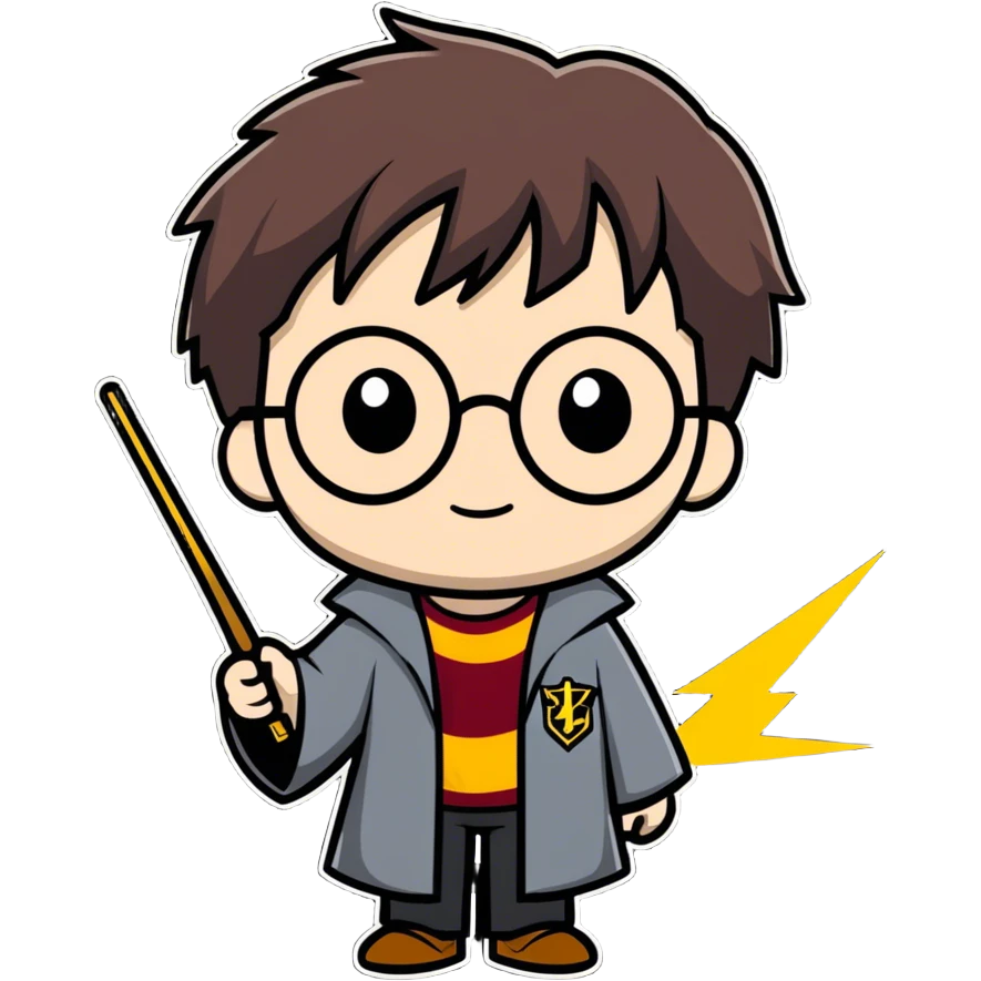 Harry Potter with round glasses, lightning scar, and wand emoji