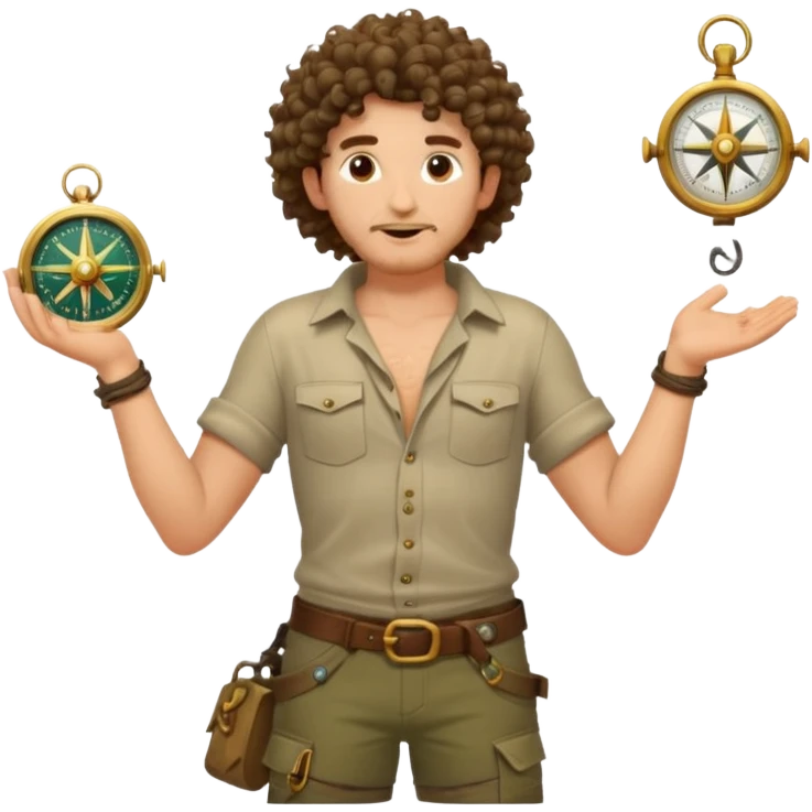 full body jungle explorer man, curly hair, from behind, half-open shirt slipping off shoulders, relic compass in hand emoji