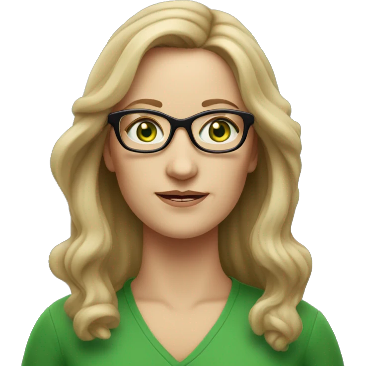 Middle aged white woman long  dark blonde hair green eyes with glasses  emoji