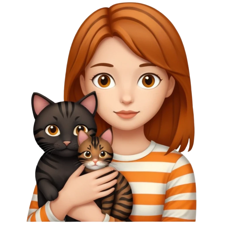 tan brown-haired girl holding two cats, one black cat and one orange tiger-striped cat emoji