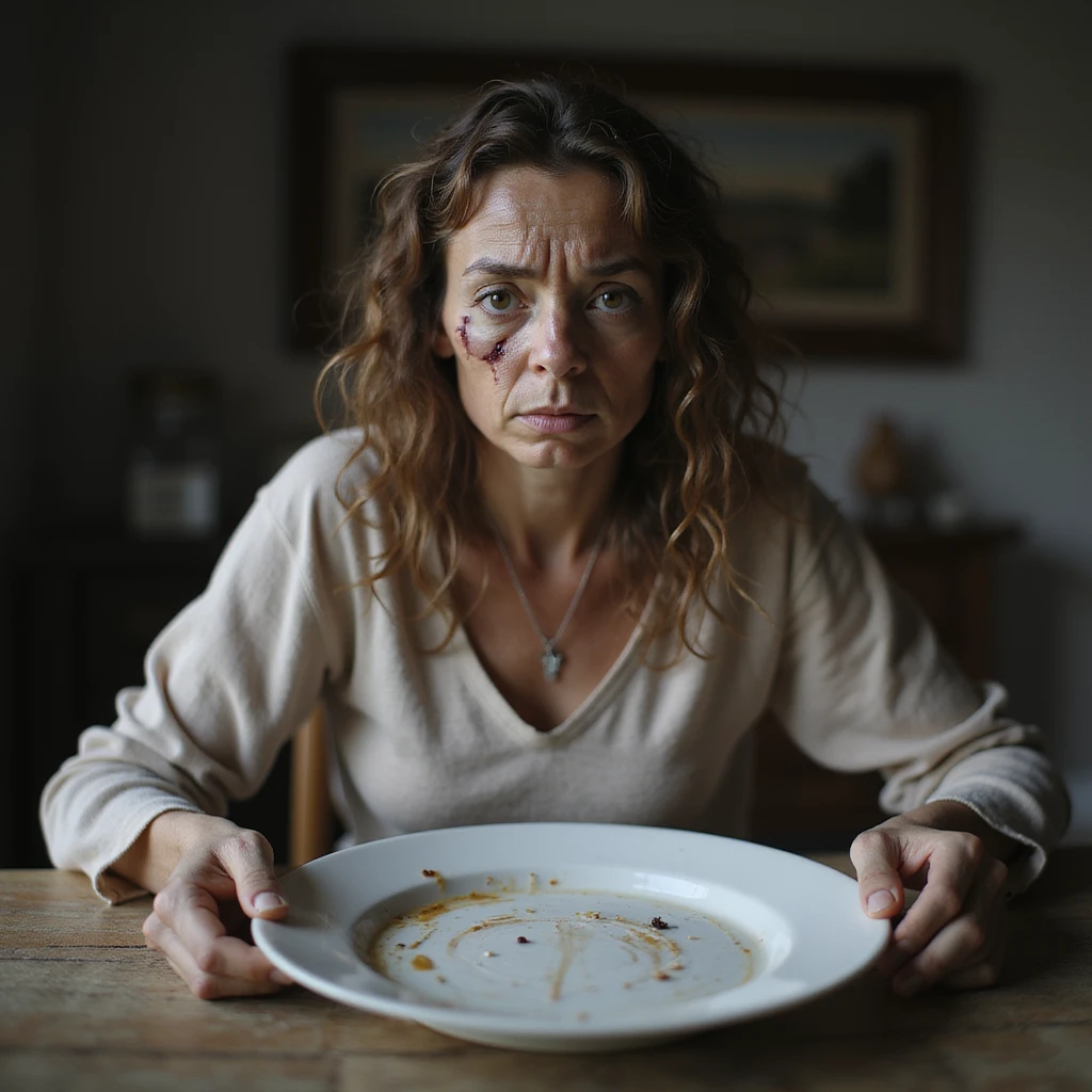hyperrealistic 4K image of a very thin woman with a face marked by fatigue and stress, swollen eyes and dark circles, sitting at a table with an almost empty plate, domestic environment, natural light, detailed emoji